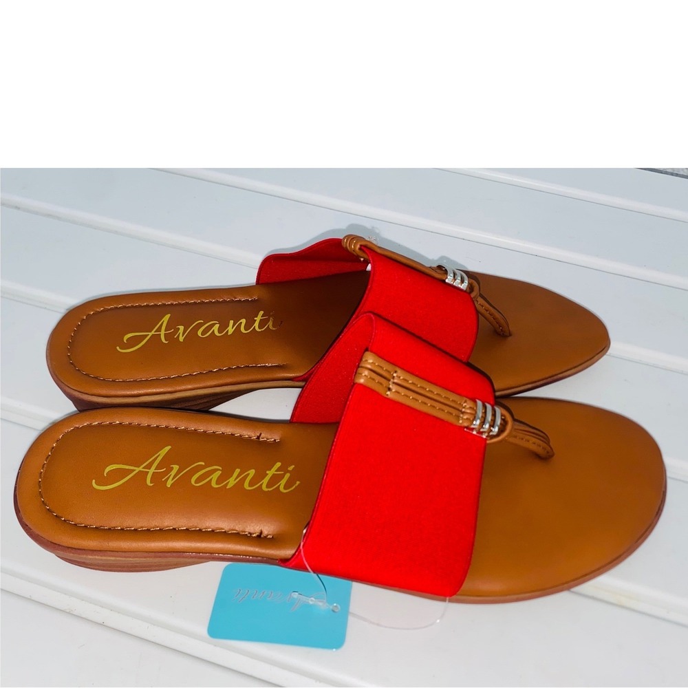Avanti Belle Sandals Womens 9 Red New Vegan Elastic Thong Low Wedge Slides